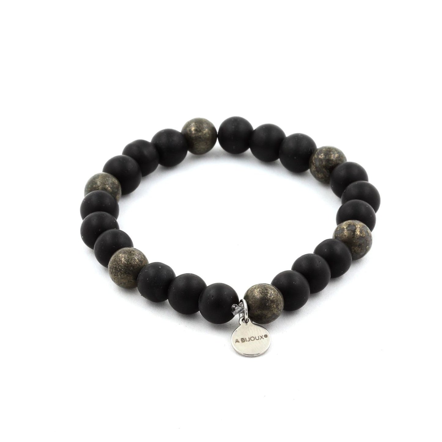 Onyx noir mat + Pyrite en provenance d' Afrique du Sud. Bracelet Perles naturelles