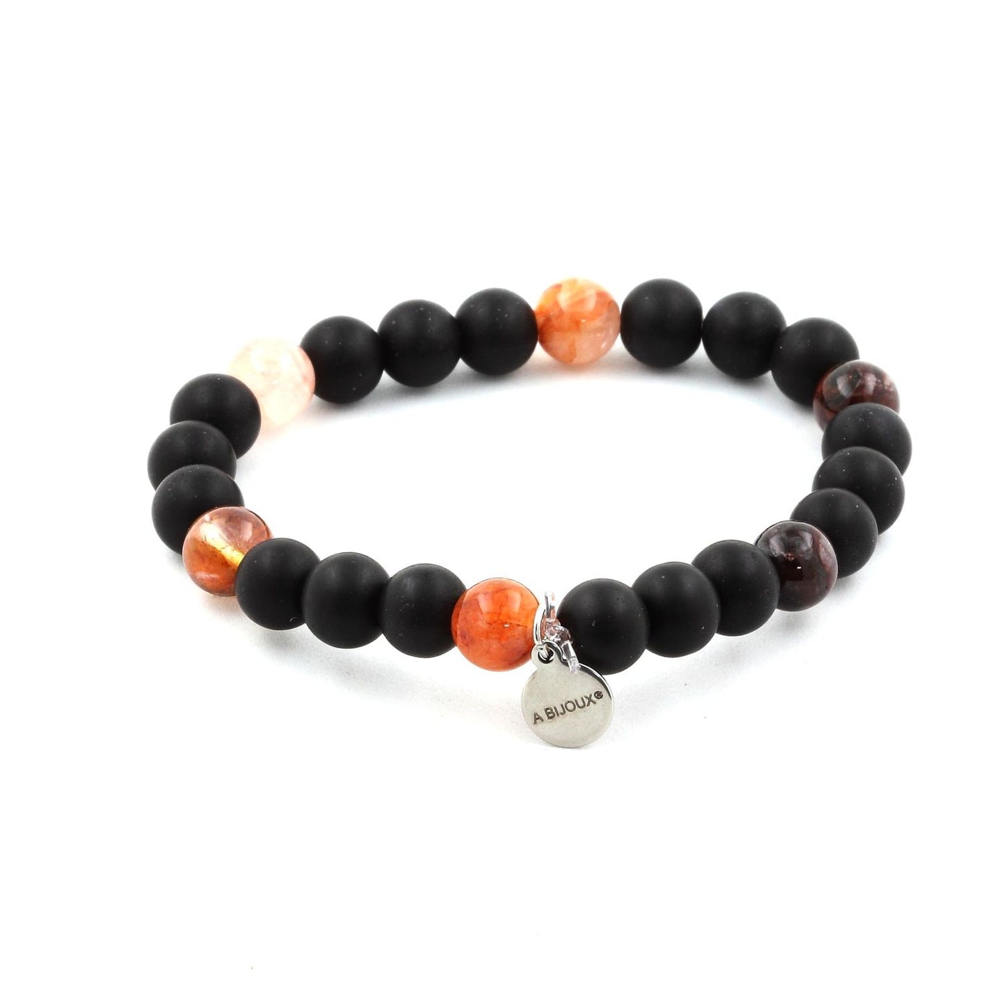 Onyx noir mat + Quartz Hematoide de Madagascar. Perles naturelles
