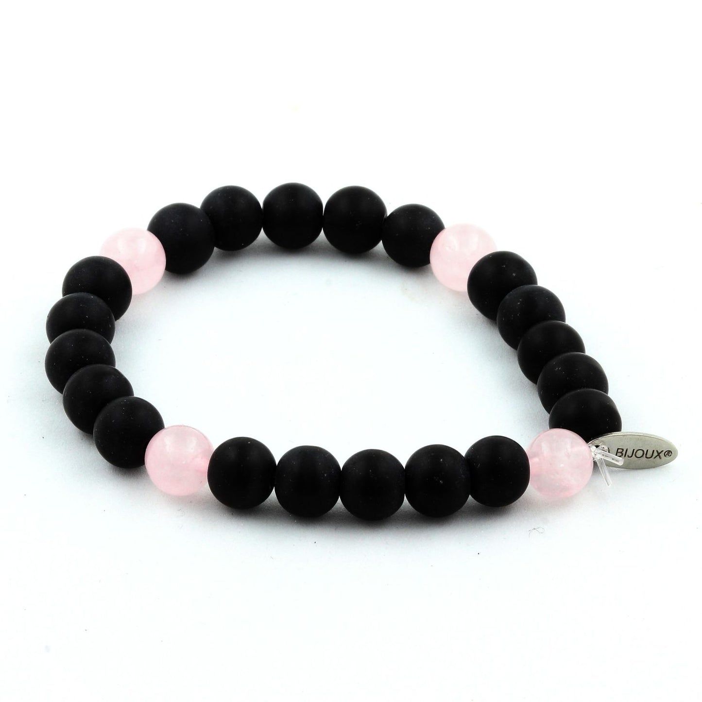 Onyx noir mat + Quartz rose Bracelet Perles