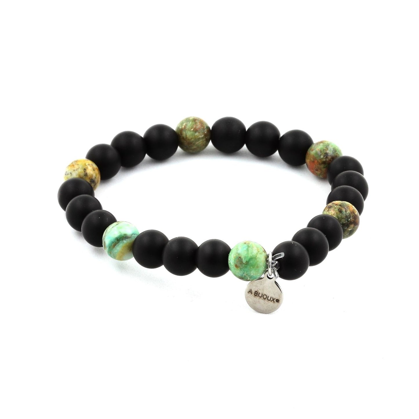 Onyx noir mat + Turquoise du Pérou. Bracelet Perles naturelles