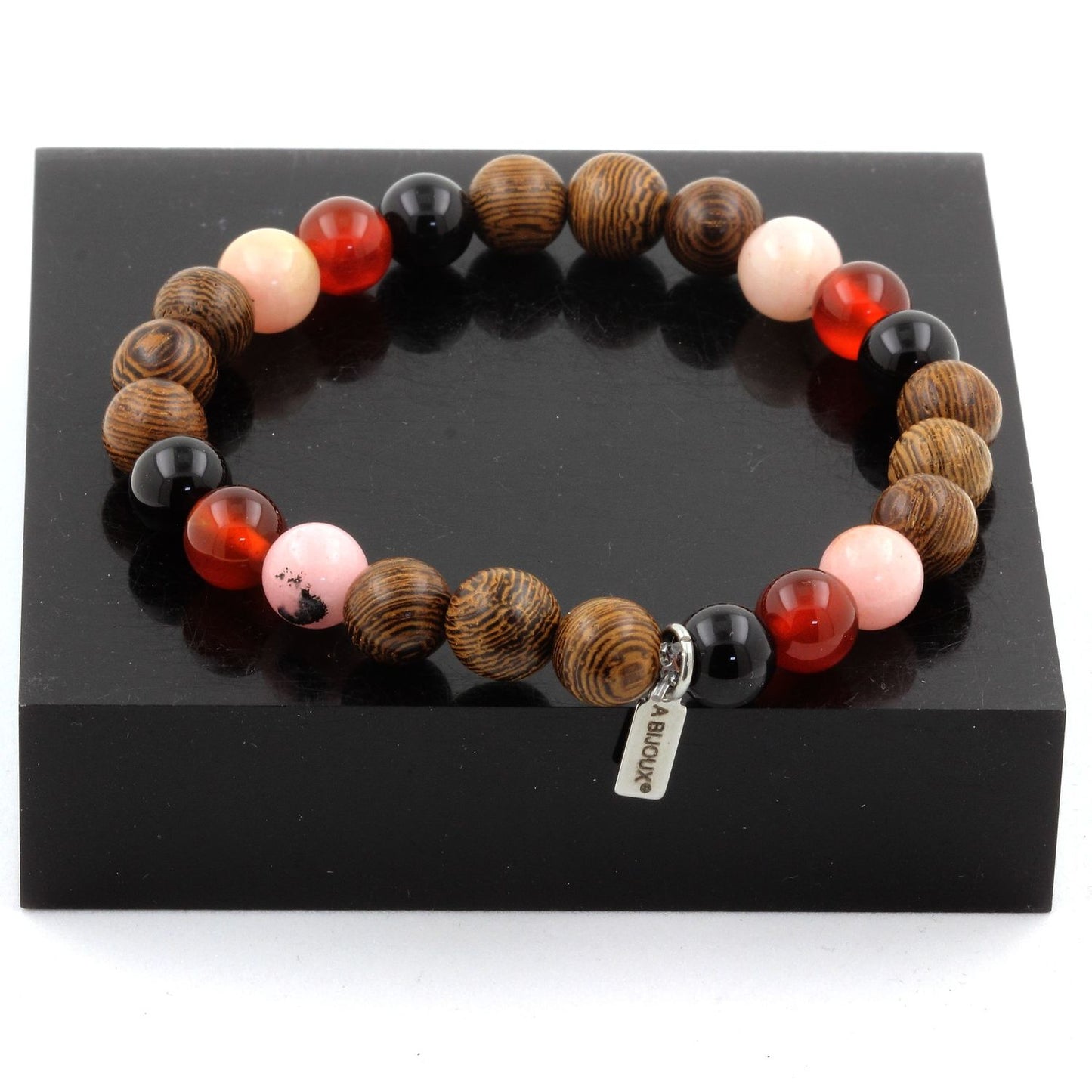 Opale Rose + Agate noire + Agate Rouge + bois Bracelet Perles