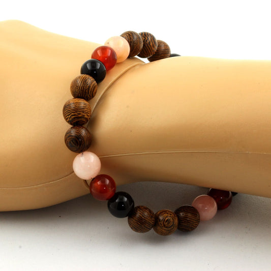 Opale Rose + Agate noire + Agate Rouge + bois Bracelet Perles