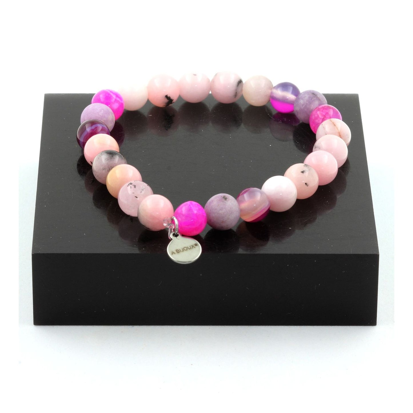Opale Rose + Agate rubanée rose + Agate veines de Dragon Fuchsia + Mica violet mat. Bracelet en Perles naturelles