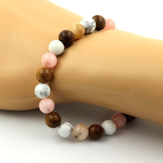 Opale Rose + Howlite + bois Bracelet Perles