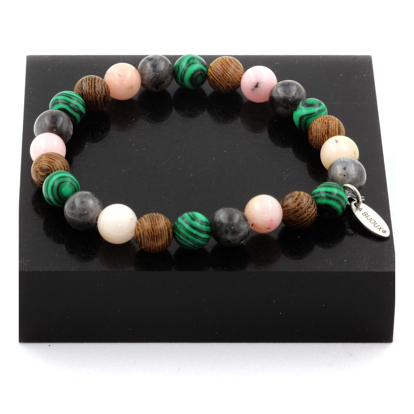 Opale Rose + Labradorite + Malachite (avec résine) + bois Bracelet Perles