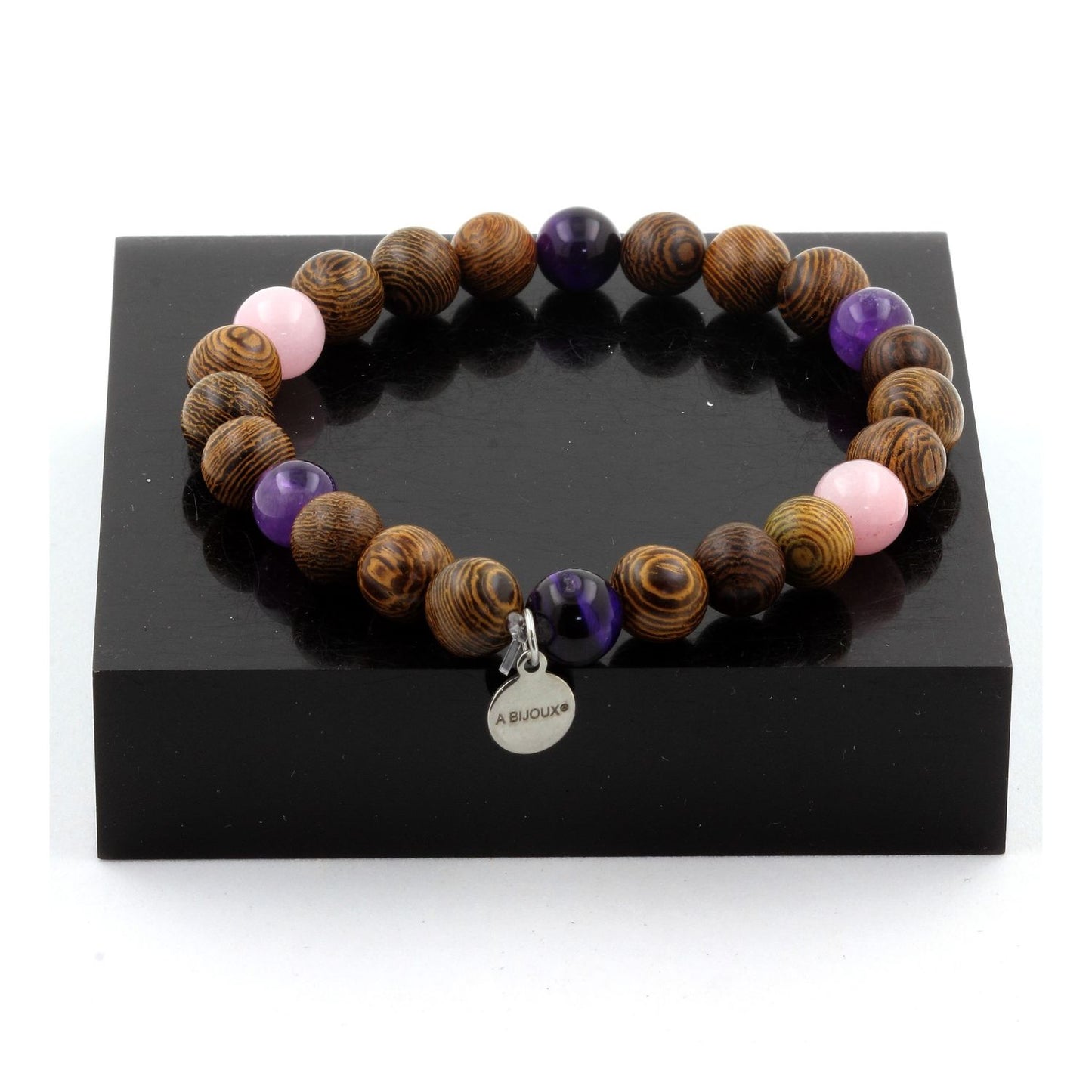 Opale Rose + Oeil de Tigre violet + Améthyste + bois. Bracelet en Perles naturelles