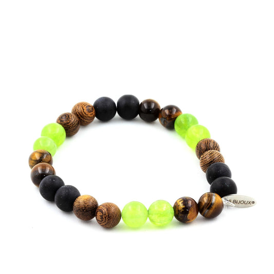 Péridot + Oeil de Tigre + Onyx noir mat + bois Bracelet Perles