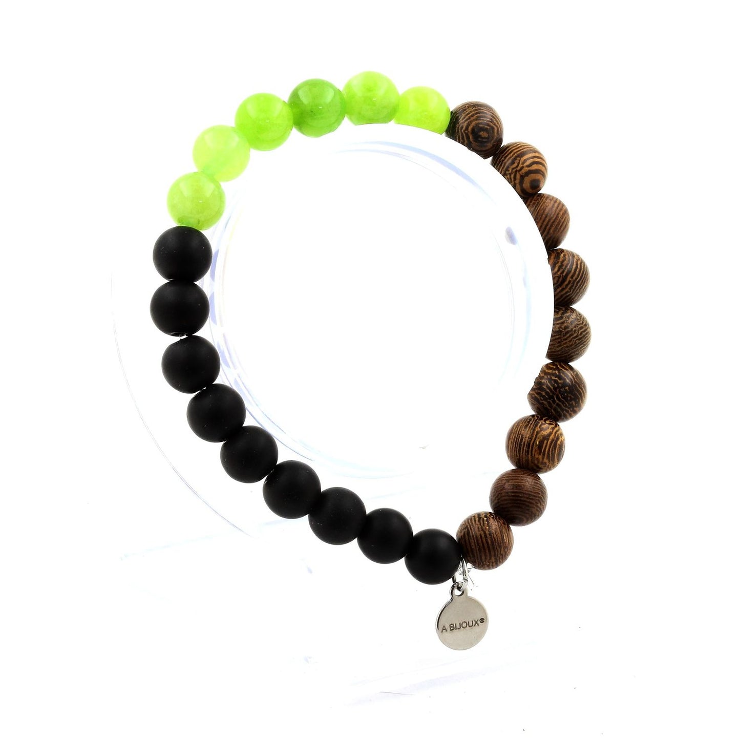 Péridot + Onyx noir mat + bois. Bracelet en Perles naturelles