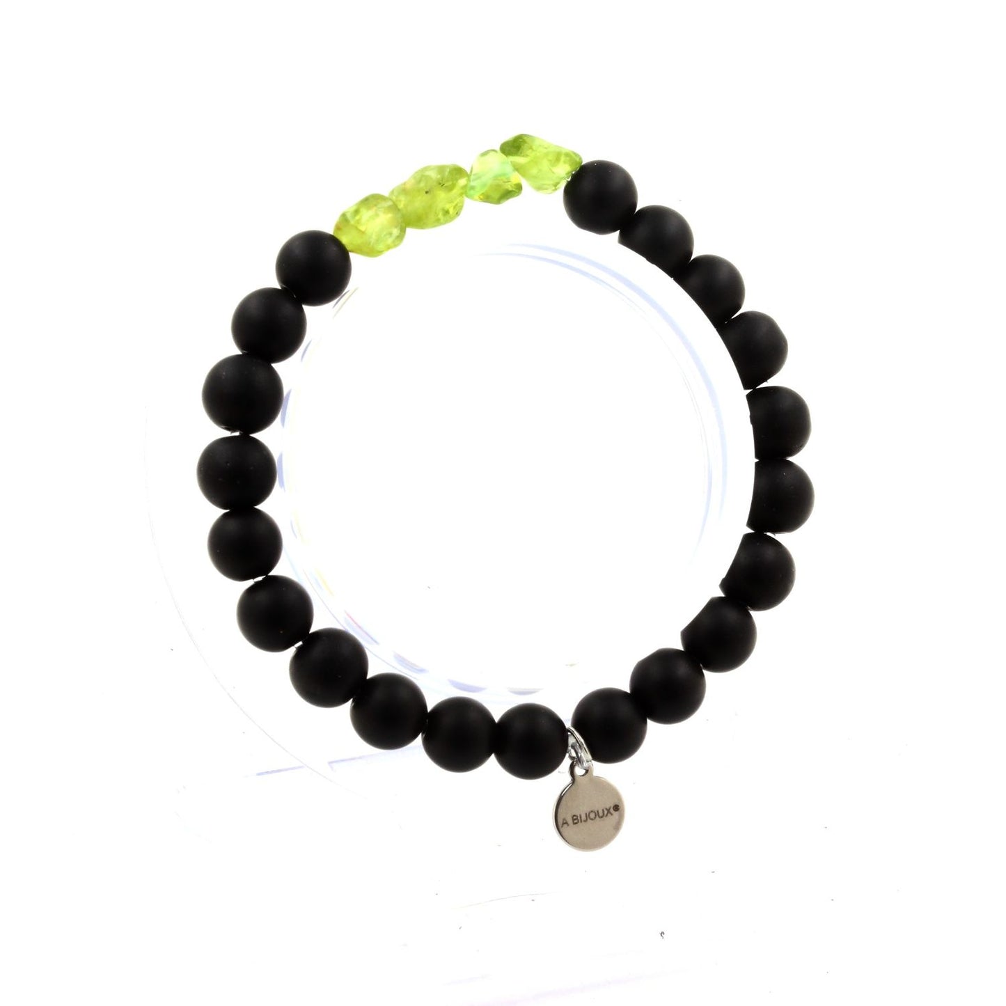 Péridot de Myanmar (Birmanie) + Perles Onyx noir mat. Bracelet en Perles naturelles