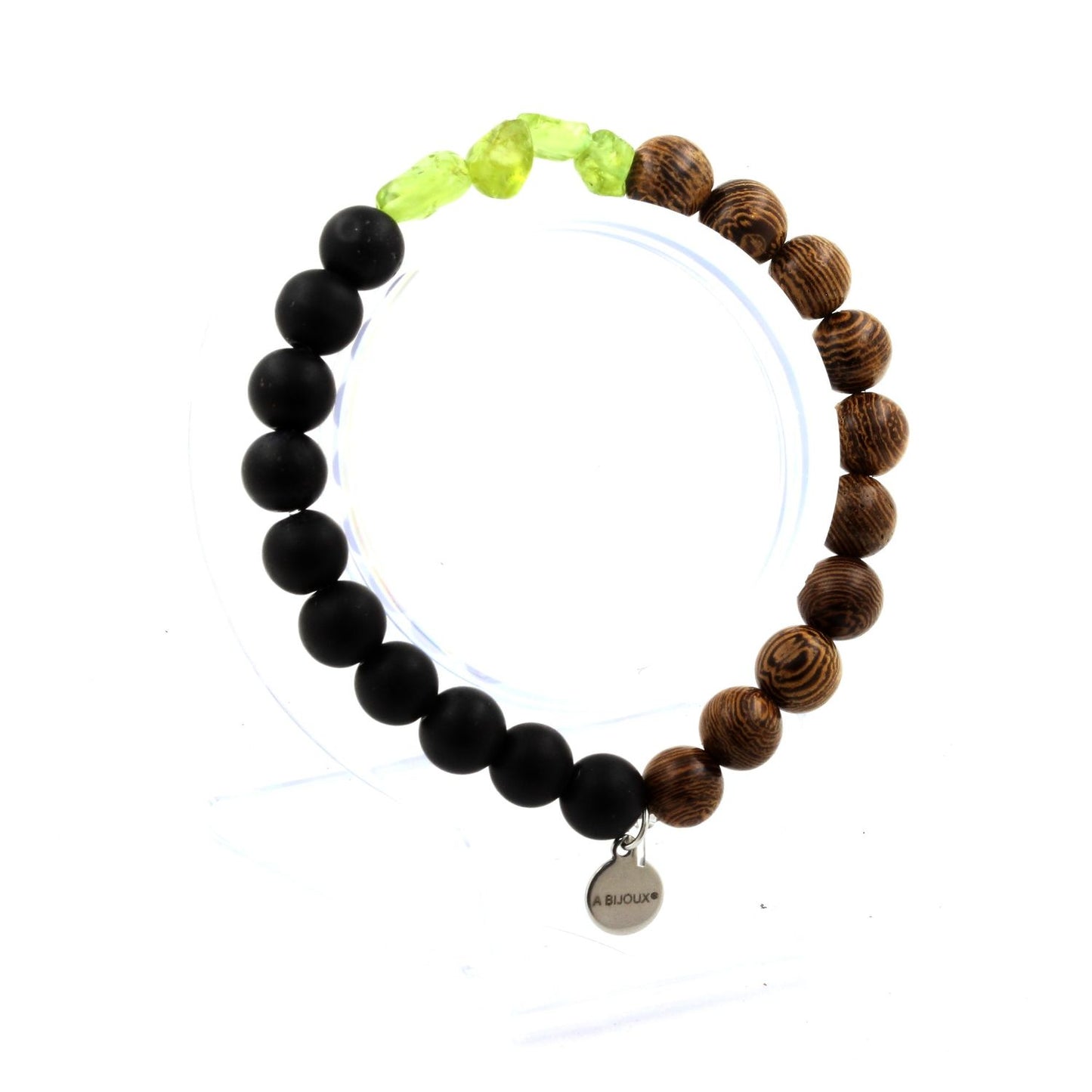 Péridot de Myanmar (Birmanie) + Perles Onyx noir mat + bois. Bracelet en Perles naturelles