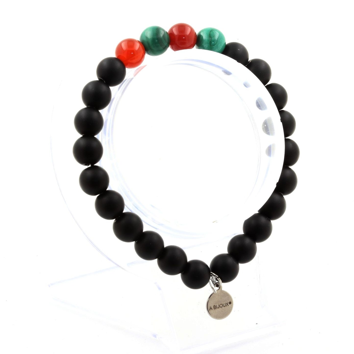 Malachite du Congo + Agate Rouge + Onyx noir mat. Bracelet en Perles naturelles
