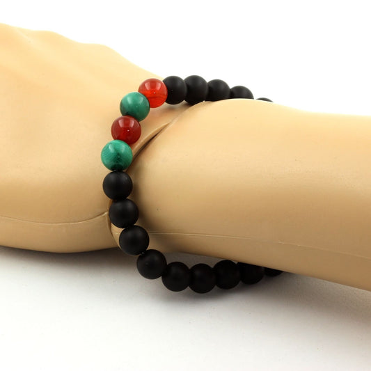 Malachite du Congo + Agate Rouge + Onyx noir mat. Bracelet en Perles naturelles