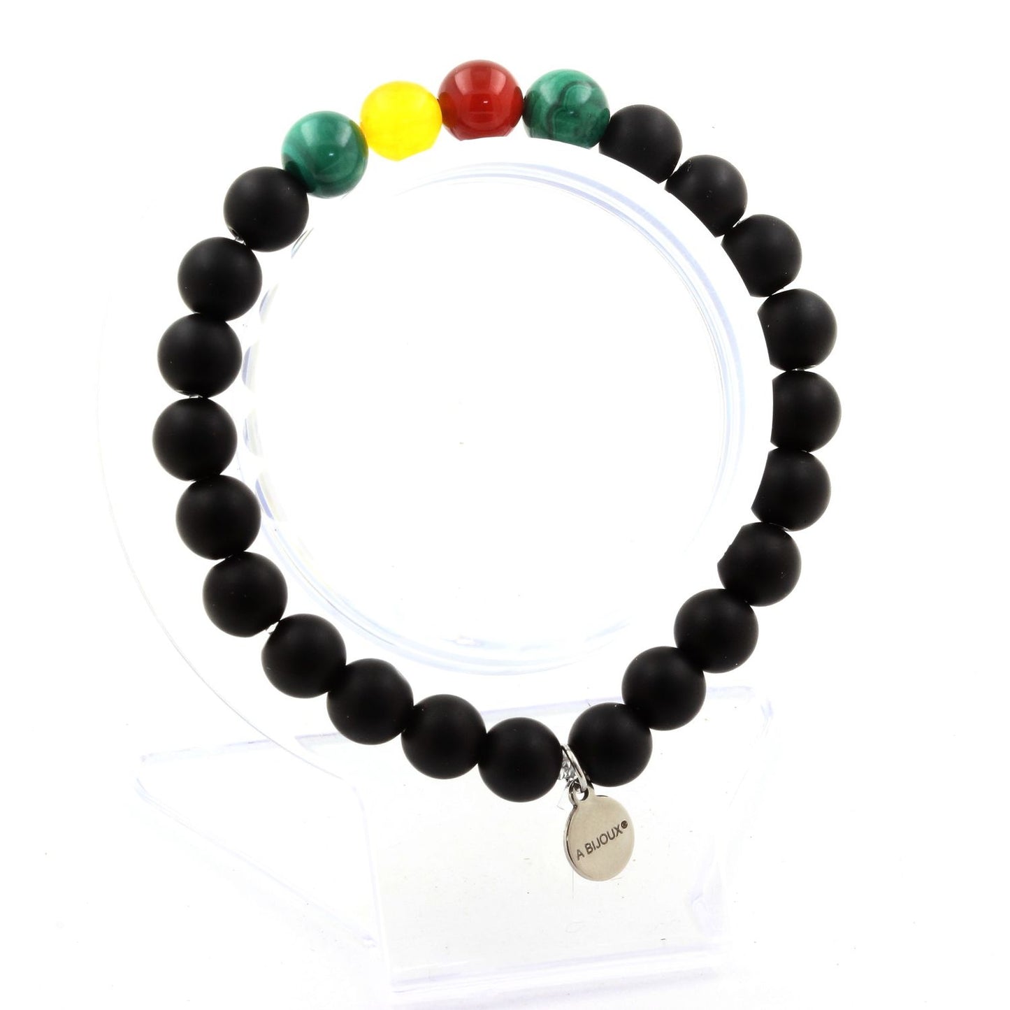 Malachite du Congo + Agate jaune + Agate Rouge + Onyx noir mat. Bracelet en Perles naturelles