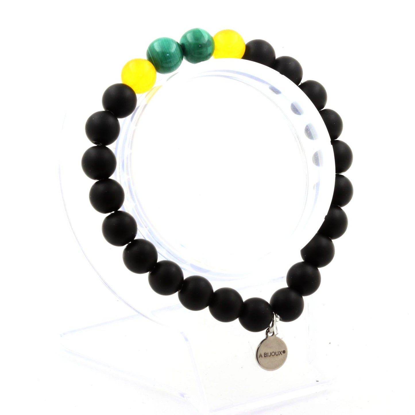 Malachite du Congo + Agate jaune + Onyx noir mat. Bracelet en Perles naturelles