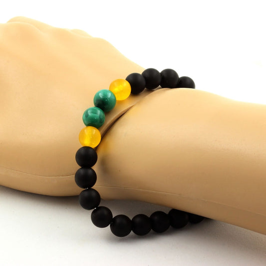 Malachite du Congo + Agate jaune + Onyx noir mat. Bracelet en Perles naturelles