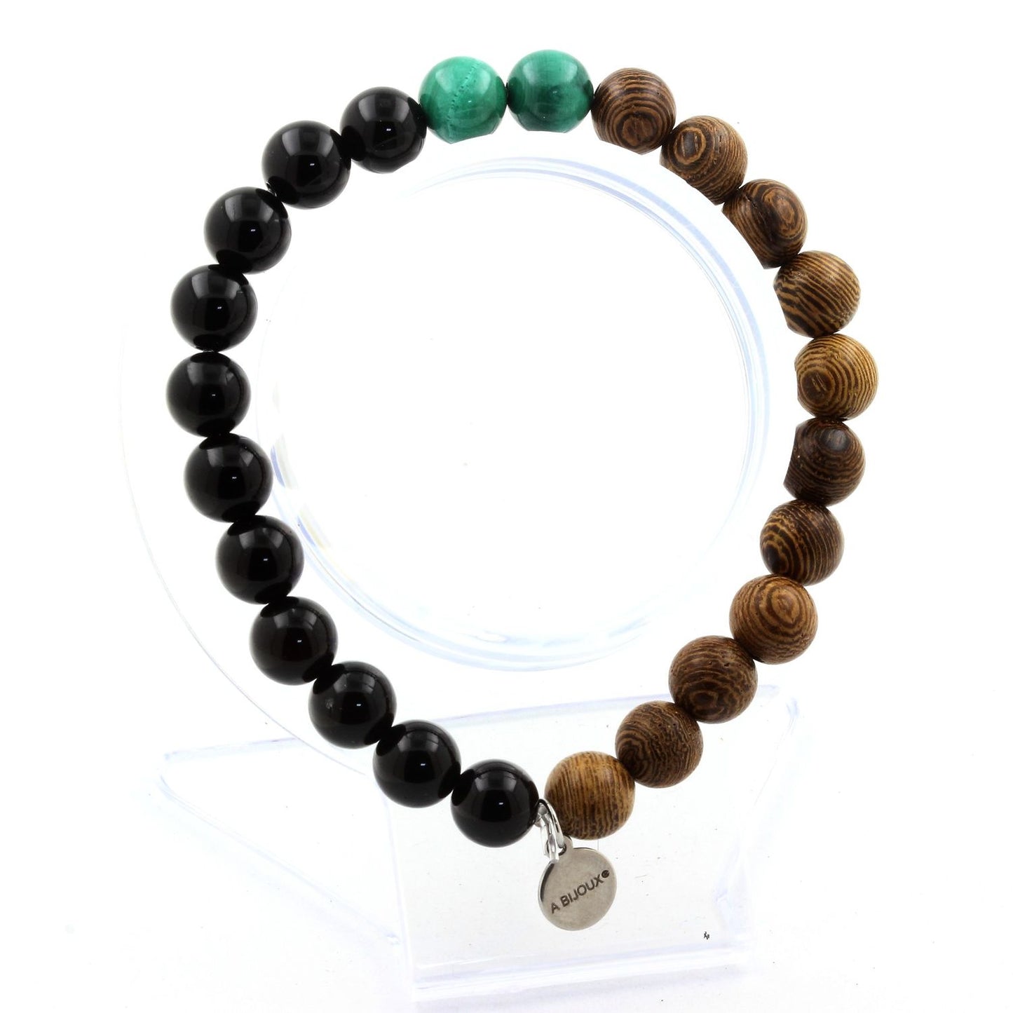 Malachite du Congo + Agate noire + bois. Bracelet en Perles naturelles