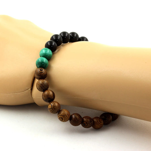 Malachite du Congo + Agate noire + bois. Bracelet en Perles naturelles