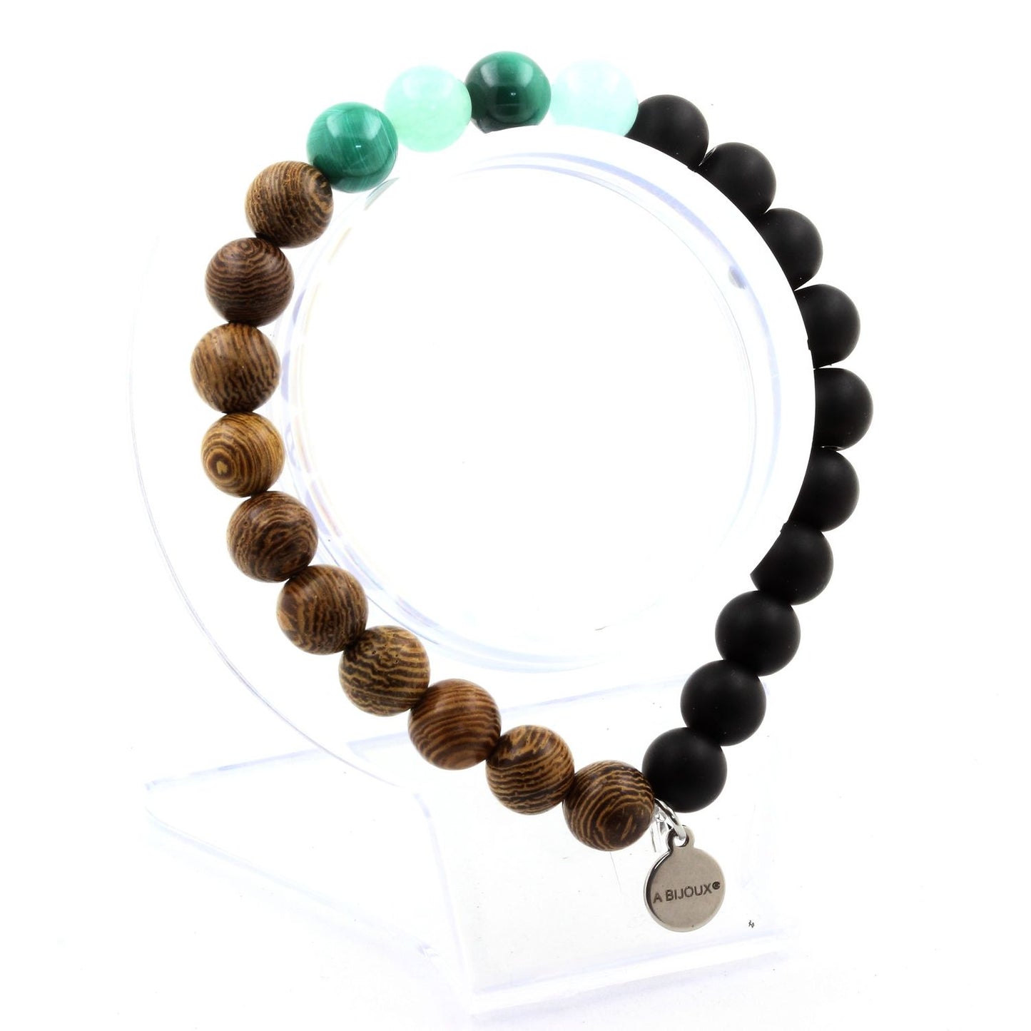 Malachite du Congo + Amazonite + Onyx noir mat + bois. Bracelet en Perles naturelles