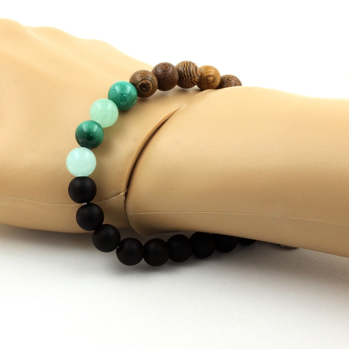 Malachite du Congo + Amazonite + Onyx noir mat + bois. Bracelet en Perles naturelles