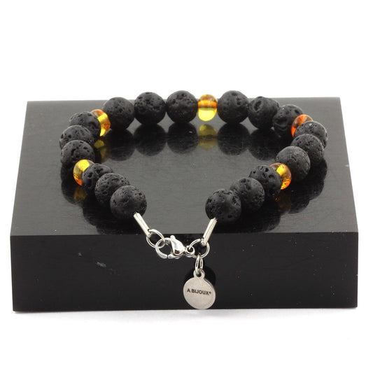 Perles Ambre véritable de la mer Baltique + Lave. Bracelet en Perles naturelles