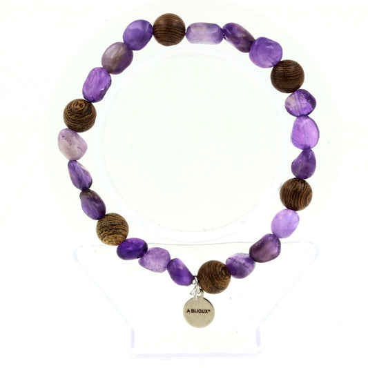 Perles Améthyste du Brésil + bois 8 mm. Bracelet en Perles naturelles