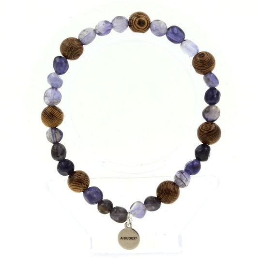 Perles Cordierite Iolite de Madagascar + bois 8 mm. Bracelet en Perles naturelles