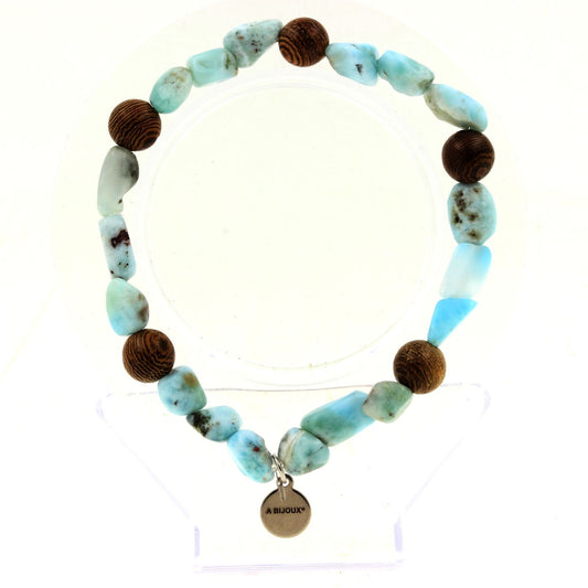 Perles Larimar de République Dominicaine + bois 8 mm. Bracelet en Perles naturelles