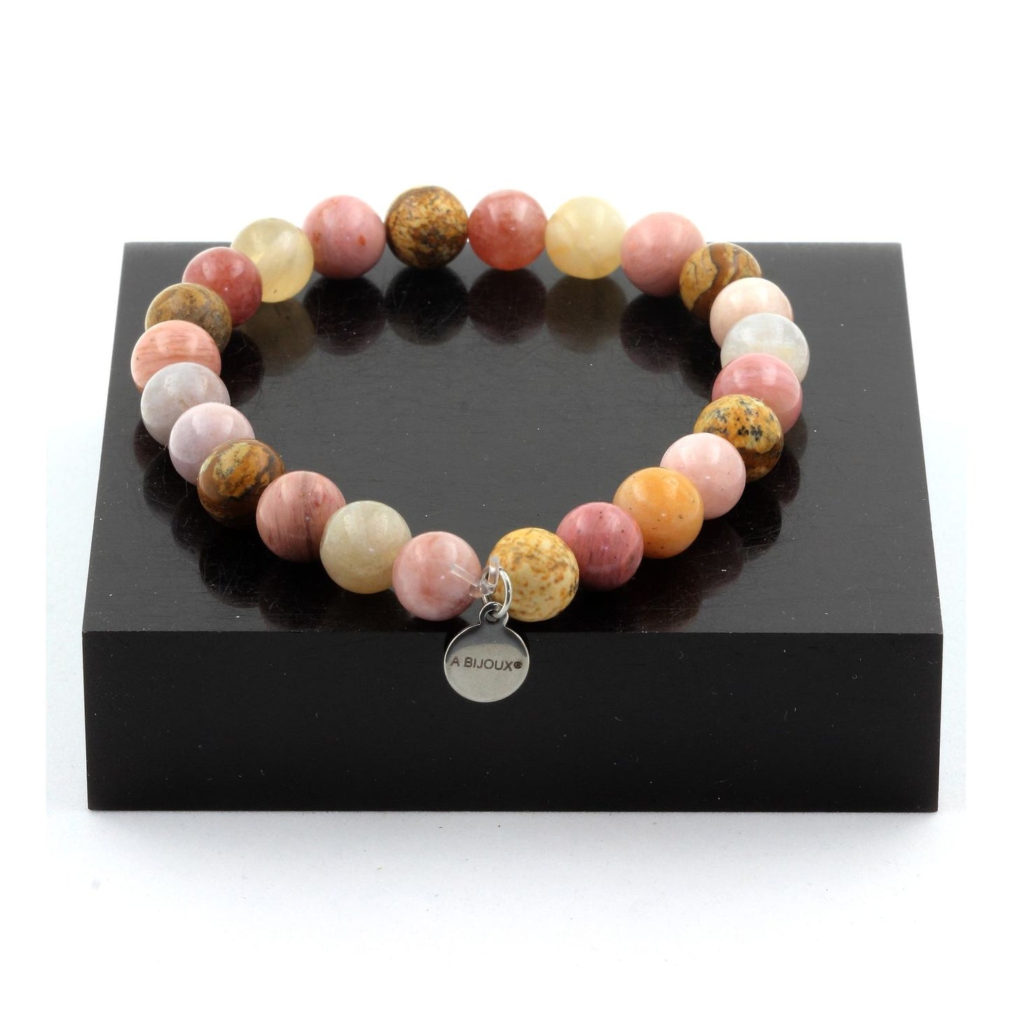 Pierre de Soleil + Rhodonite + Jaspe Paysage + Agate Feuille de Bambou. Bracelet en Perles naturelles