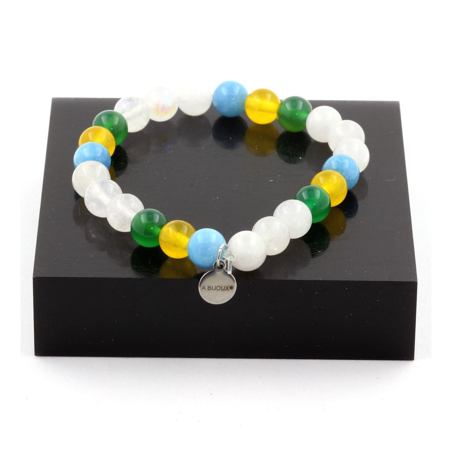 Pierre de lune + Agate jaune + Agate verte + Calcédoine bleu. Bracelet en Perles naturelles