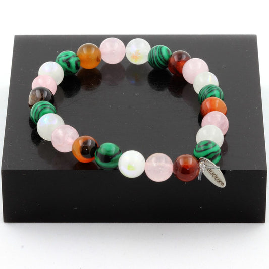Pierre de lune + Agate rubanée + Malachite (avec résine) + Quartz rose Bracelet Perles