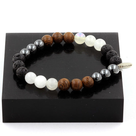 Pierre de lune + Lave + Hématite + bois Bracelet Perles