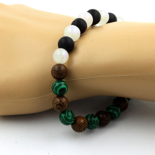Pierre de lune + Onyx noir mat + Malachite (avec résine) + bois Bracelet Perles