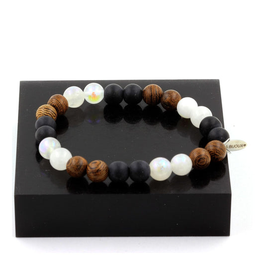 Pierre de lune + Onyx noir mat + bois Bracelet Perles
