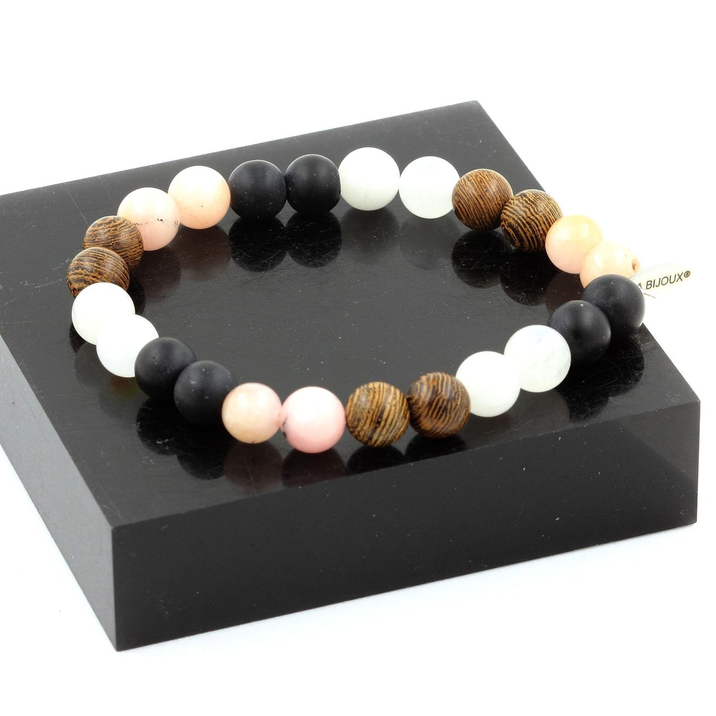 Pierre de lune + Opale Rose + Onyx noir mat + bois Bracelet Perles