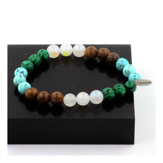 Pierre de lune + Turquoise + Malachite (avec résine) + bois Bracelet Perles