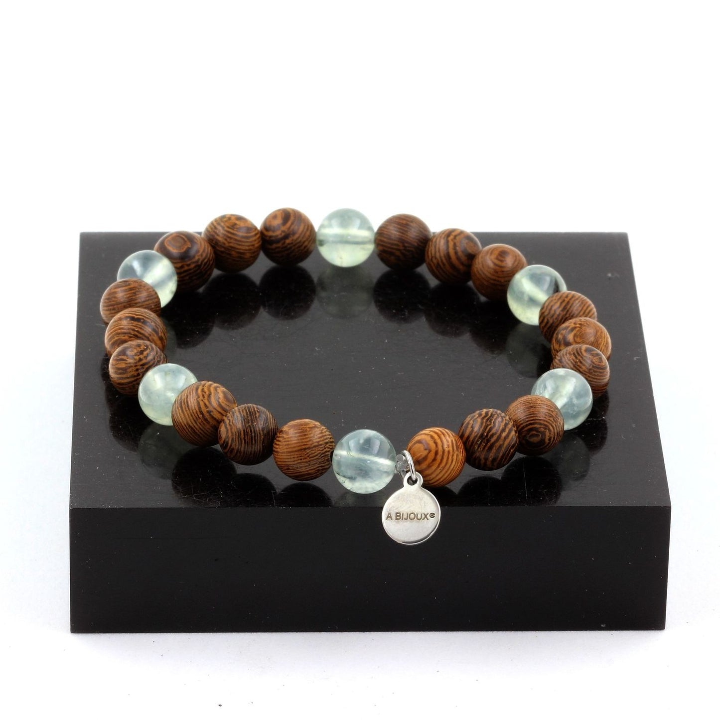 Prehnite d'Afrique + bois. Bracelet Perles naturelles