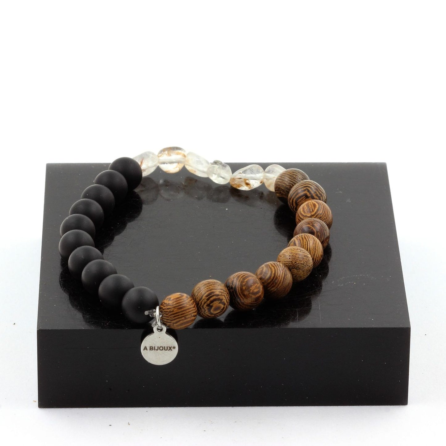 Quartz Améthyste Rutile du Brésil + Perles Onyx noir mat + bois. Bracelet en Perles naturelles