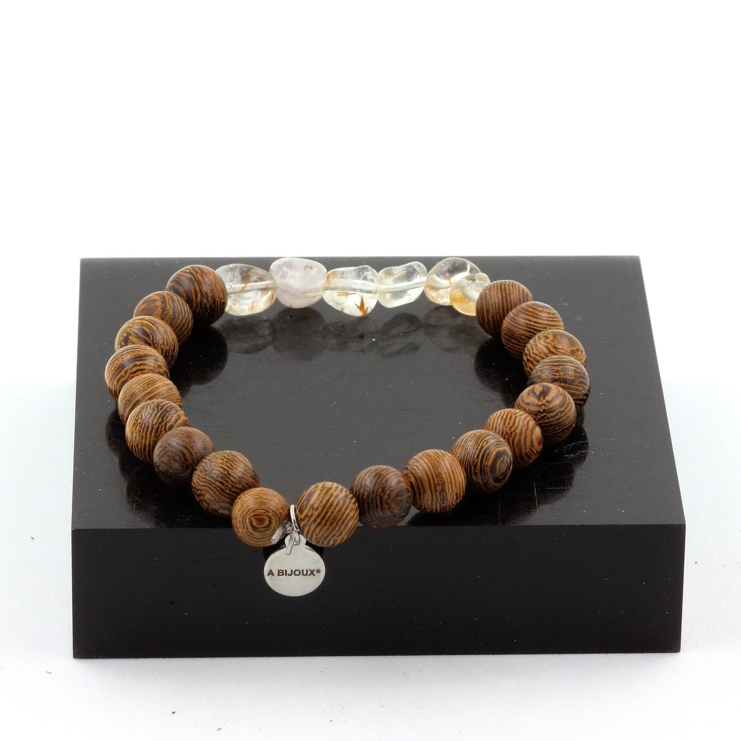 Quartz Améthyste Rutile du Brésil + Perles bois. Bracelet en Perles naturelles