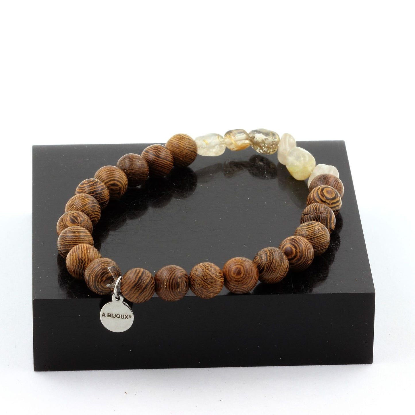 Quartz à Rutile doré du Brésil + Perles bois. Bracelet Perles