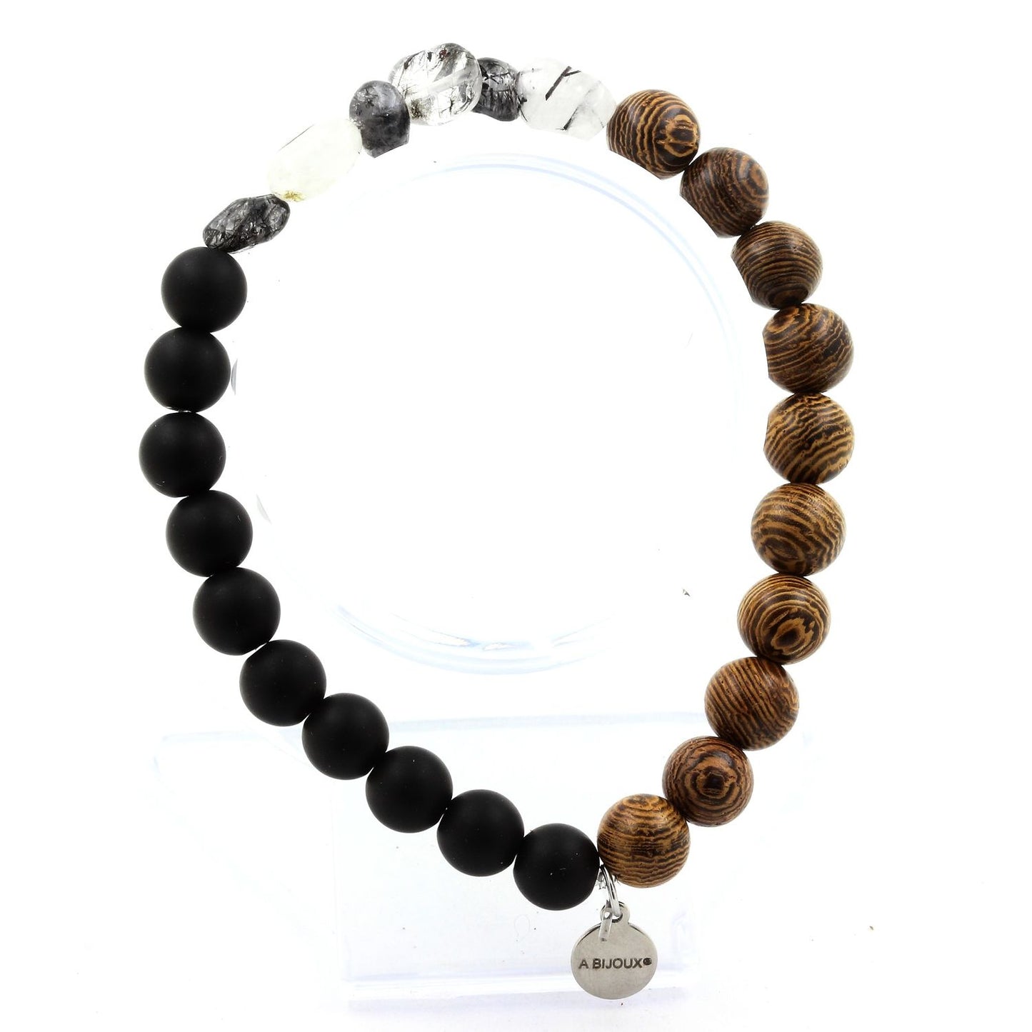 Quartz à inclusions de Tourmaline du Brésil + Perles Onyx noir mat + bois. Bracelet Perles