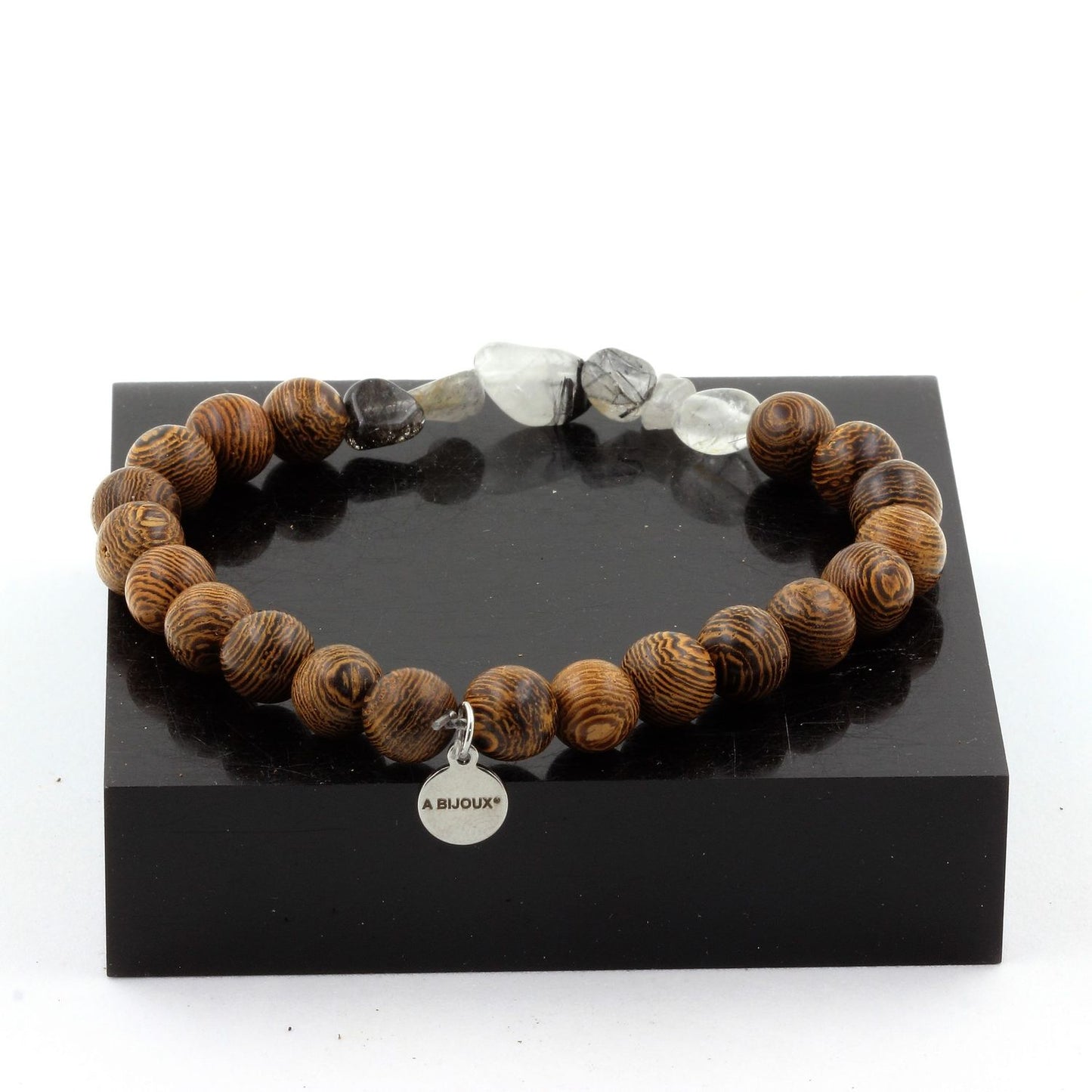 Quartz à inclusions de Tourmaline du Brésil + Perles bois. Bracelet en Perles naturelles