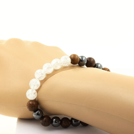 Quartz craquelé du Brésil + Hématite + bois. Bracelet en Perles naturelles