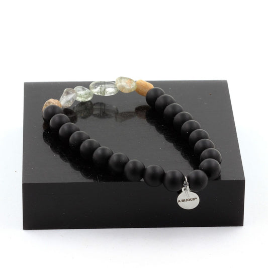 Quartz fantôme vert du Brésil + Perles Onyx noir mat. Bracelet Perles