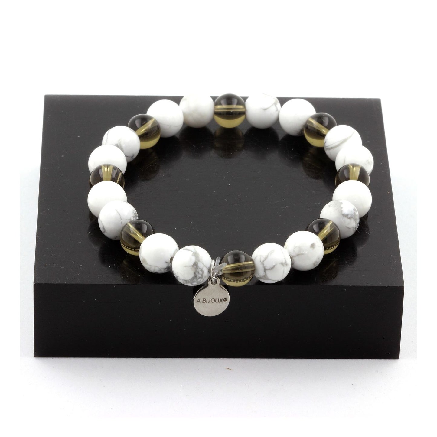 Quartz fumé + Howlite. Bracelet Perles naturelles