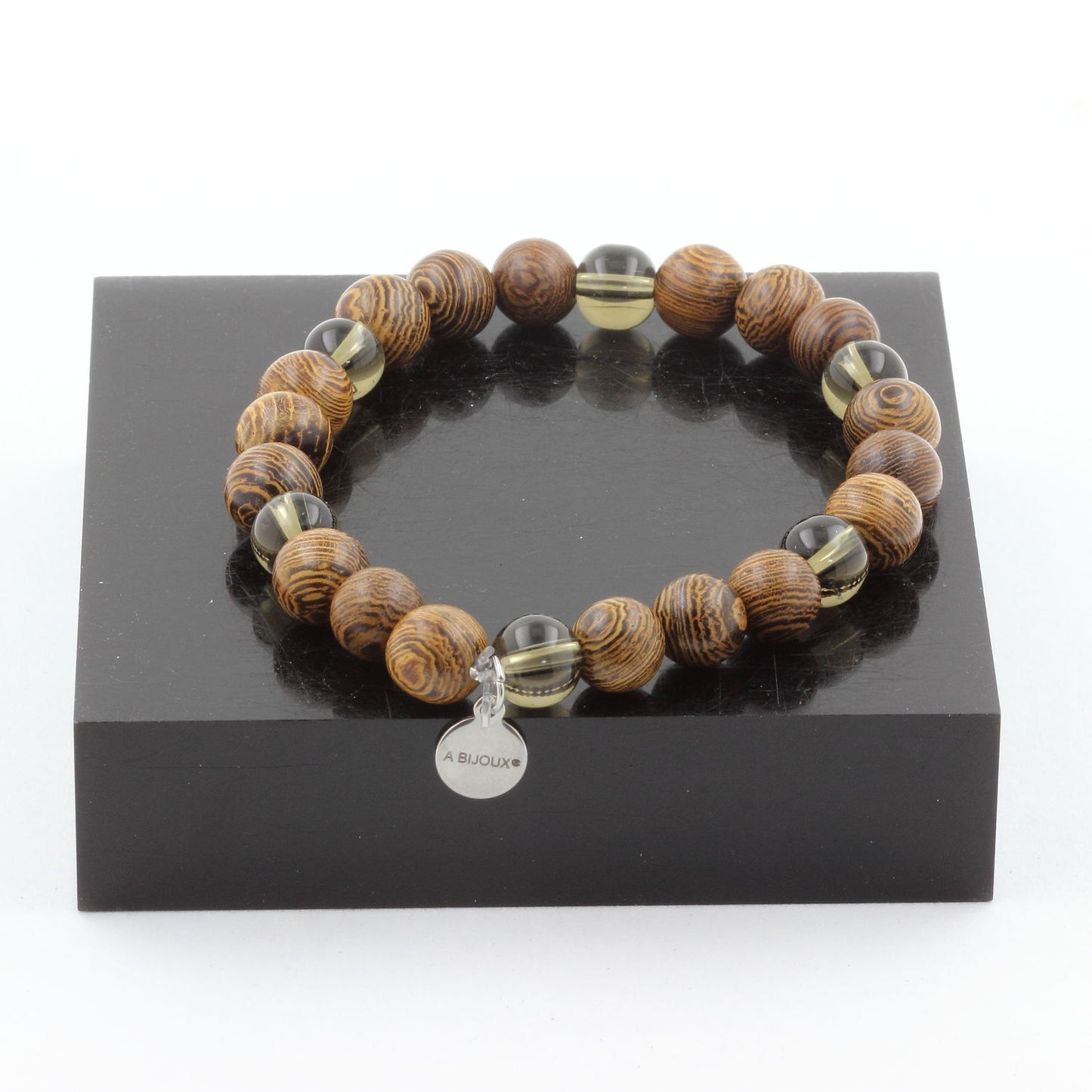 Quartz fumé + bois. Bracelet Perles naturelles