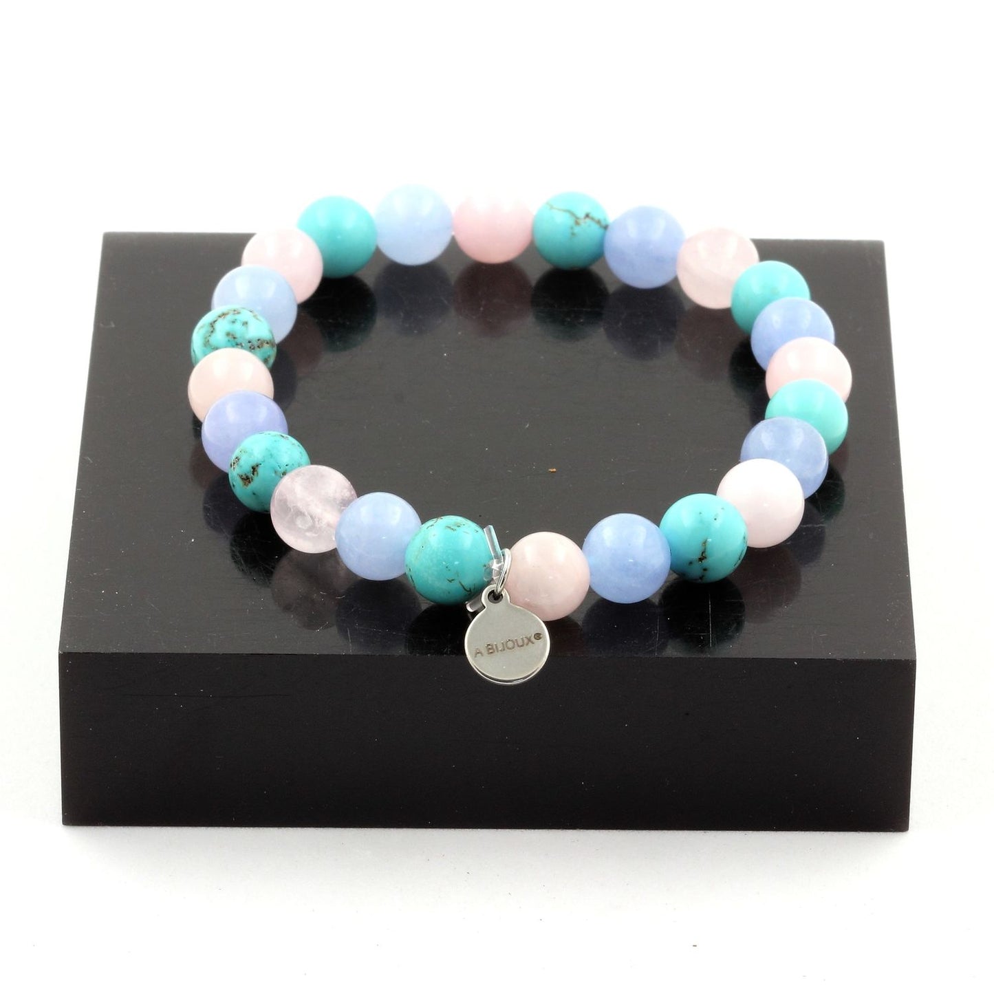 Quartz rose + Aigue-Marine + Turquoise. Bracelet Perles naturelles