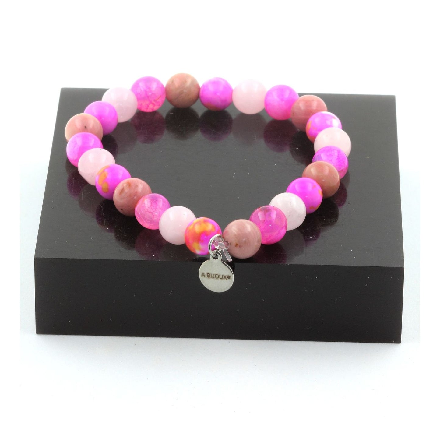 Quartz rose + Jaspe rose jaune + Rhodonite + Agate veines de Dragon Fuchsia. Bracelet en Perles naturelles