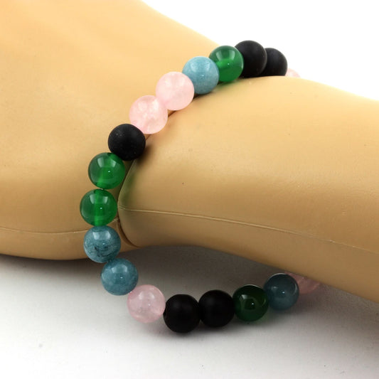 Quartz rose + Onyx noir mat + Aigue-Marine + Agate verte Bracelet Perles