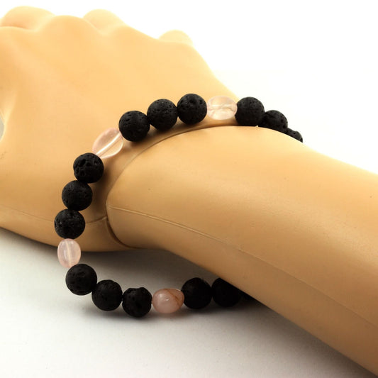 Quartz rose du Brésil + Perles Lave. Bracelet Perles naturelles