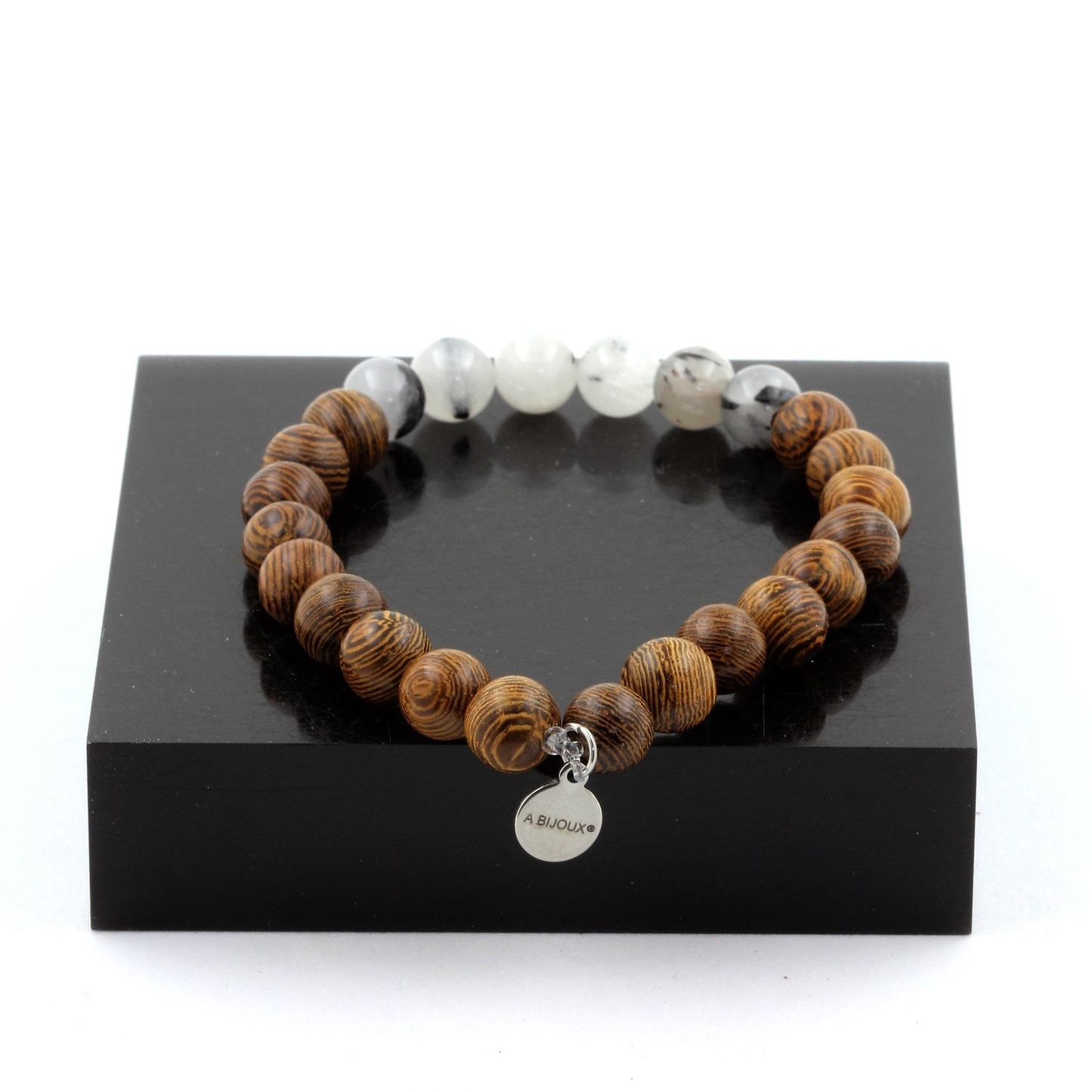 Quartz rutile noir + bois . Bracelet en Perles naturelles